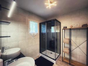 a bathroom with a shower and a sink at Gîte Pyrénées Riders in Salles