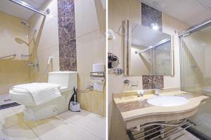two pictures of a bathroom with a toilet and a sink at EKONO by Leva Jeddah Airport Hotel in Jeddah