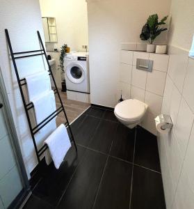 a bathroom with a toilet and a washing machine at AMS Appartement Spaichingen in Spaichingen