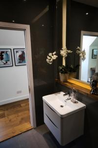 uma casa de banho com um lavatório branco e um espelho. em The Loft at Hewletts Farm - Stunning Apartment on The Cotswold Way Close to Cheltenham em Cheltenham