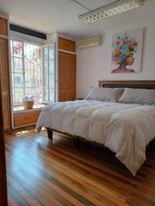 a bedroom with a large bed and a large window at Casona Lorena in Santiago