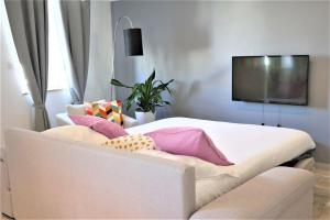 uma sala de estar com um sofá e uma televisão de ecrã plano em 5 mn Zenith Grande Halle Auvergne,pied de Gergovie,Garage,Netflix em Romagnat