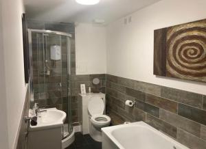 a bathroom with a toilet and a sink and a shower at The Riverside inn in Saltford