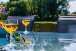 dos copas de vino sentadas en una mesa en Hygge Domek, en Junoszyno