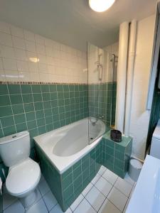ein grün gefliestes Bad mit einer Badewanne und einem WC in der Unterkunft Charmant Appart Stade Vélodrome/Métro Centre Ville in Marseille