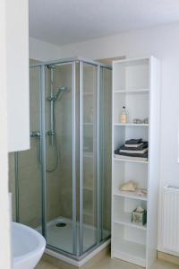 eine Glasdusche im Bad mit Waschbecken in der Unterkunft Kleines Kunsthaus. in Nordhausen
