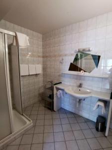 uma casa de banho com um lavatório e um chuveiro em Landrasthaus Maria Bild em Maria Bild
