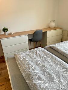 1 dormitorio con 2 camas, escritorio y silla en Deichappartement-Brüggen en Brüggen