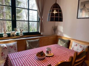 mesa de comedor con mantel a cuadros rojo y blanco en Chalet ANRA Pohorje en Zgornje Hoče