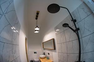 a bathroom with a shower and a mirror at Vakaras cozy apartment in the guest house with the terrace and the stunning view to the river side in Birštonas