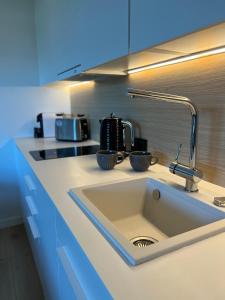 a kitchen counter with a sink and a mixer at Apartamenty Pobierowo PINEA in Pobierowo