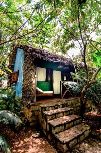 uma pequena casa azul com escadas na floresta em Les bungalows d'Ambonara em Hell-Ville