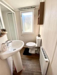 ein Bad mit einem Waschbecken, einem WC und einem Fenster in der Unterkunft Swift Loire (Field view 78) in Jaywick Sands