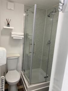 a bathroom with a glass shower with a toilet at A & B Guest House Cambridge in Cambridge