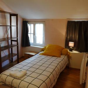 um pequeno quarto com uma cama e uma janela em Appart' de la collégiale em Bourbon-Lancy