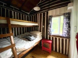 1 dormitorio con 2 literas y ventana en Cedar Cabin - North Frontenac Lodge en Ompah