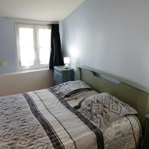 um quarto com uma cama e uma janela em Appart' de la collégiale em Bourbon-Lancy