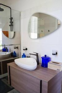 a bathroom with a large white sink and a mirror at Domaine des Tourterelles in Capesterre