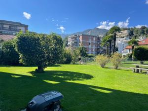 un parc avec une moto garée dans l'herbe dans l'établissement Ascona: San Materno-Mary, à Ascona