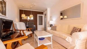 salon z kanapą i telewizorem w obiekcie 797 HOLIDAY RENTALS - Piso para 4 con amplia terraza al jardin y al mar w mieście Benalmádena