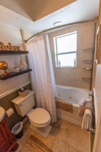 a bathroom with a toilet and a tub and a window at Wine-Dine-Sunshine Cozy Flat in The Heart of DTSP in St Petersburg