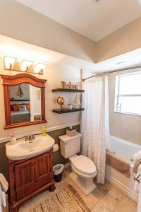 a bathroom with a sink and a toilet and a mirror at Wine-Dine-Sunshine Cozy Flat in The Heart of DTSP in St. Petersburg