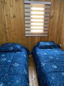 2 camas en una habitación con ventana en Cabaña en Quinchamalí, en Quinchamali