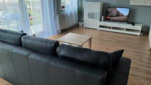 ein Wohnzimmer mit einem schwarzen Sofa und einem TV in der Unterkunft Apartament LUXON 4 in Kielce