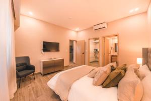 a bedroom with a large bed and a television at Fully Serviced Apartment at Regatta Living - 2C in Santo Domingo