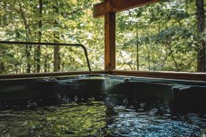 una bañera de hidromasaje en medio de un bosque en Wolf Creek Cabin at 36 North - Hot Tub, en Purlear