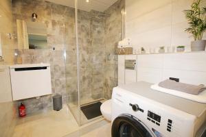 a bathroom with a shower and a toilet and a washing machine at Apartament Dzikowiec in Boguszów-Gorce