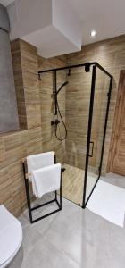 a bathroom with a shower and a white chair at Apartament Leśny in Nowy Targ