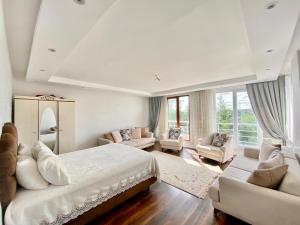 1 dormitorio con 1 cama grande y 2 sofás en Wonderful Villa Airport 5 minutes en Arnavutköy