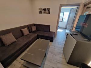 ein Wohnzimmer mit einem braunen Sofa und einem TV in der Unterkunft (42)m luxury room in Ash Shumaysānī