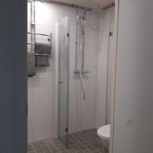a bathroom with a glass shower with a toilet at Lohja Lempola 2 room apartment in Lohja