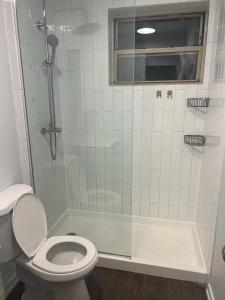 a bathroom with a shower with a toilet and a tub at Cossy room close to lake in chicago in Chicago