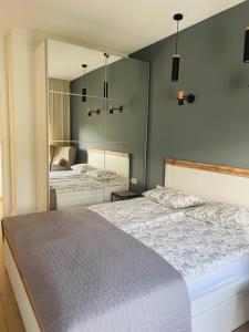 1 dormitorio con 2 camas y espejo en Tila II, en Wałcz