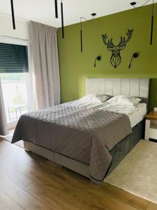 1 dormitorio con cama y pared verde en Tila II, en Wałcz