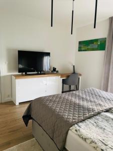 1 dormitorio con 1 cama y escritorio con TV en Tila II, en Wałcz