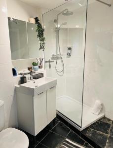 La salle de bains est pourvue d'une douche, d'un lavabo et de toilettes. dans l'établissement La casetta d’Àneu, Oxford Castle, à Oxford