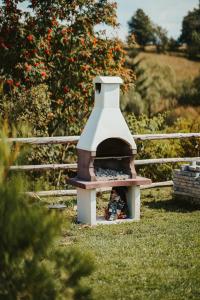 a brick oven sitting in the grass next to a fence at Jeleni Jar Apartamenty in Duszniki Zdrój