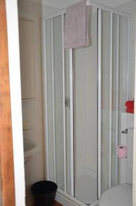HOTEL LE CRET في لي دوز آلب: دش مع باب زجاجي في الحمام