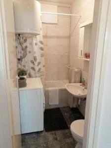 een witte badkamer met een toilet en een wastafel bij Apartman Centar Beograd in Belgrado