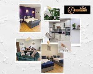 eine Collage mit Fotos von einem Schlafzimmer und einem Wohnzimmer in der Unterkunft PRIVATE•ASTONISHING•CONTRACTOR•DETACHED•LutonAirport•WI-FI•PARKING•SPACIOUSNESS in Luton