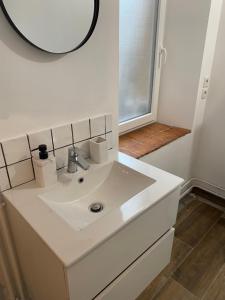 a bathroom with a white sink and a mirror at Studio Manhattan WIFI Plein de charme in Gien