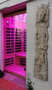 羅克布呂訥－卡普馬丹的住宿－Vue magnifique, piscine privée chauffée et sauna à 10min de Monaco，建筑上装有粉红色照明的商店窗户