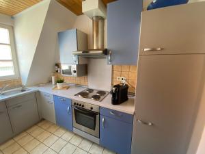 eine Küche mit blauen Schränken und einem Kühlschrank in der Unterkunft See You Apartment in Germersheim