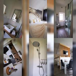 a collage of four pictures of a room at * Les Suites aux Étoiles * in Clermont-Ferrand