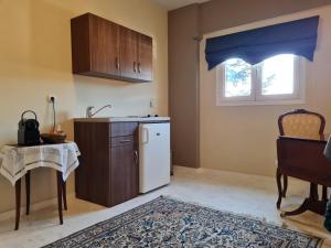 カラブリタにあるPapastavrou Apartmentsのキッチン(冷蔵庫、テーブル付)、窓が備わります。