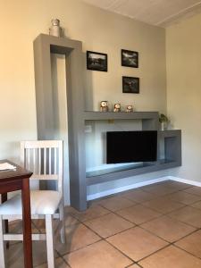 sala de estar con chimenea y TV en La Osadia Cabañas y Suites Solo Adultos en Mina Clavero